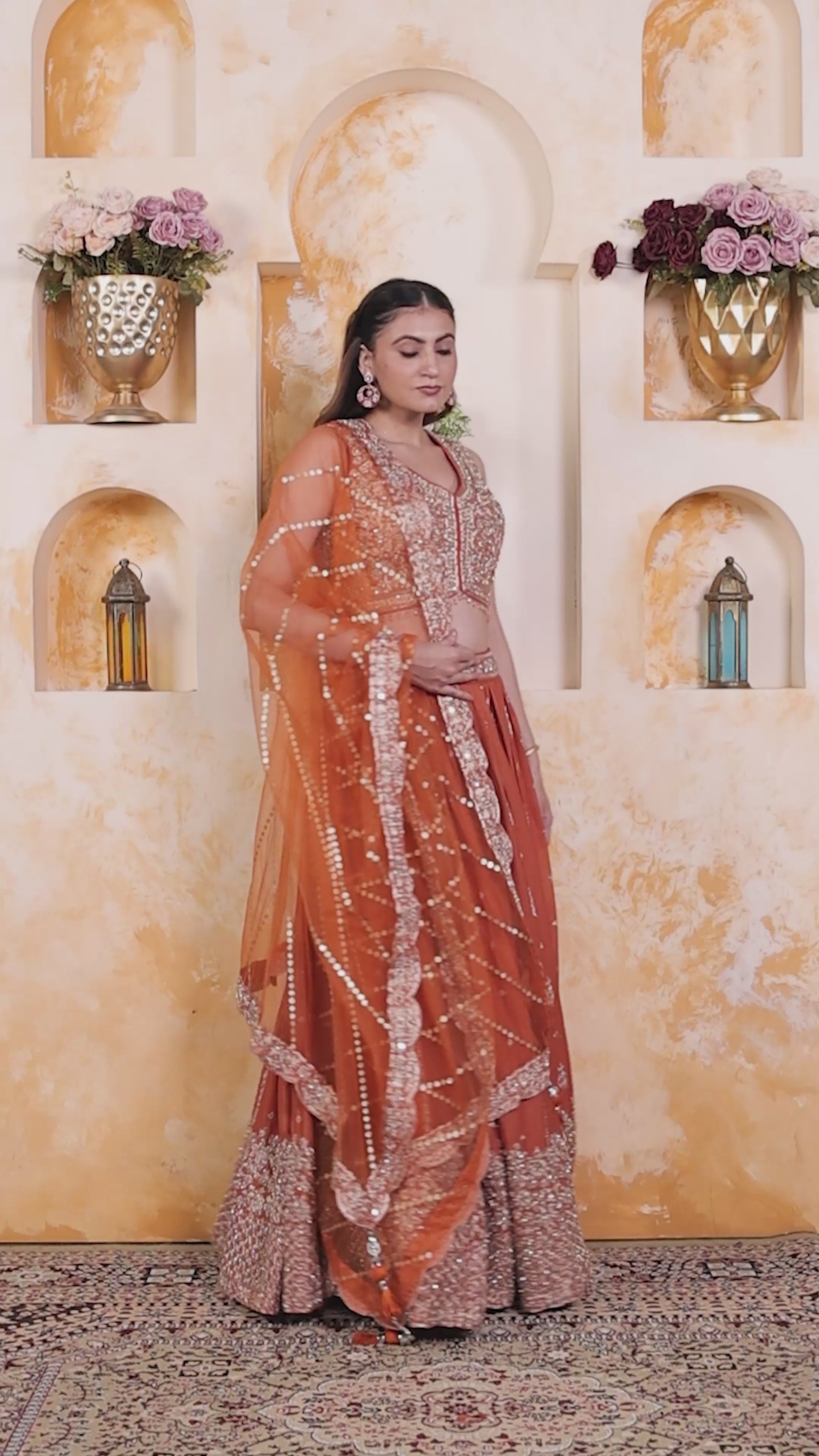 Rust Simmer Chinon Lehenga Zari work with Matching Blouse & Net Dupatta