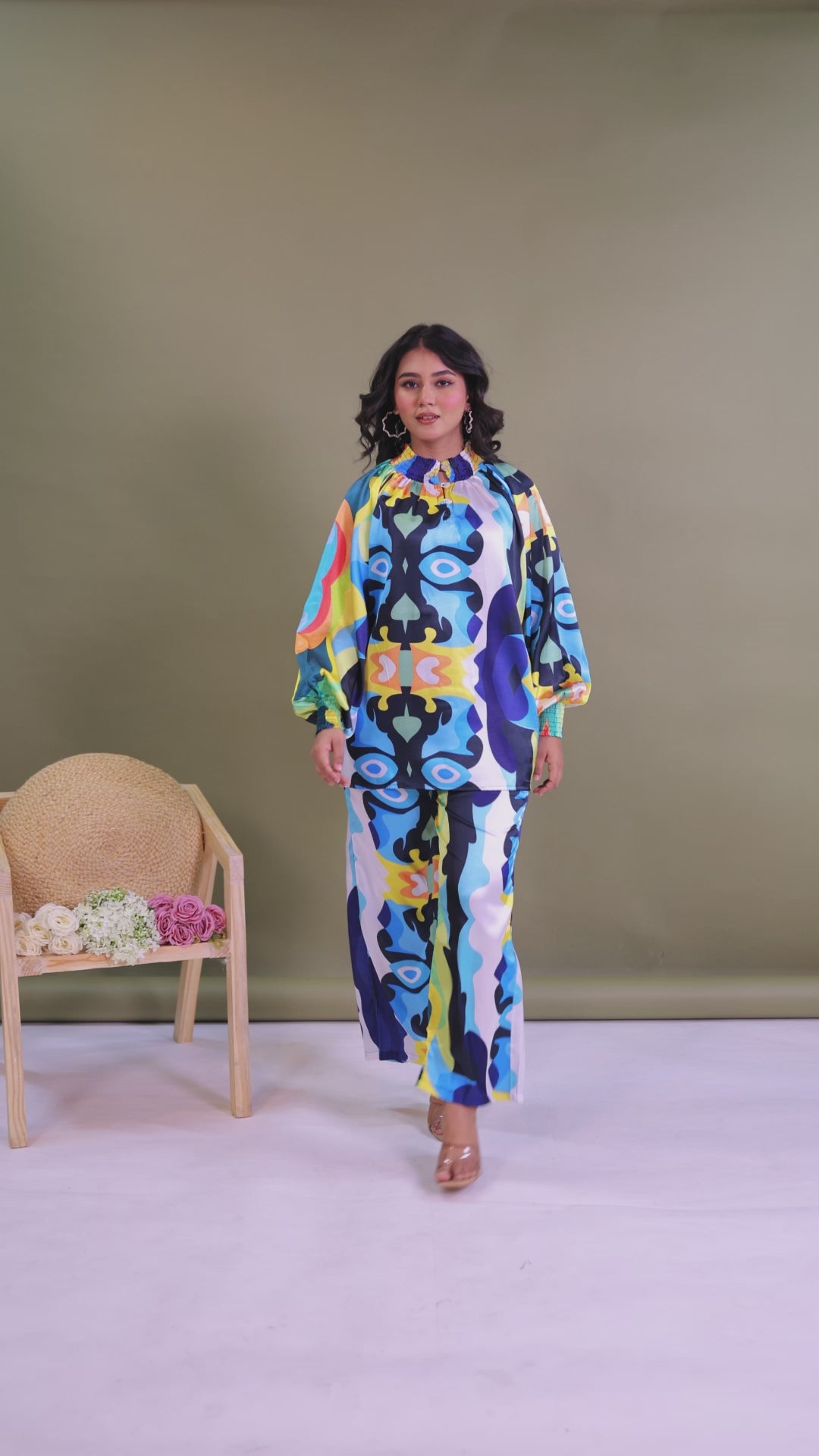 Multicolor Satin Printed Top and Multicolor Printed Bottom