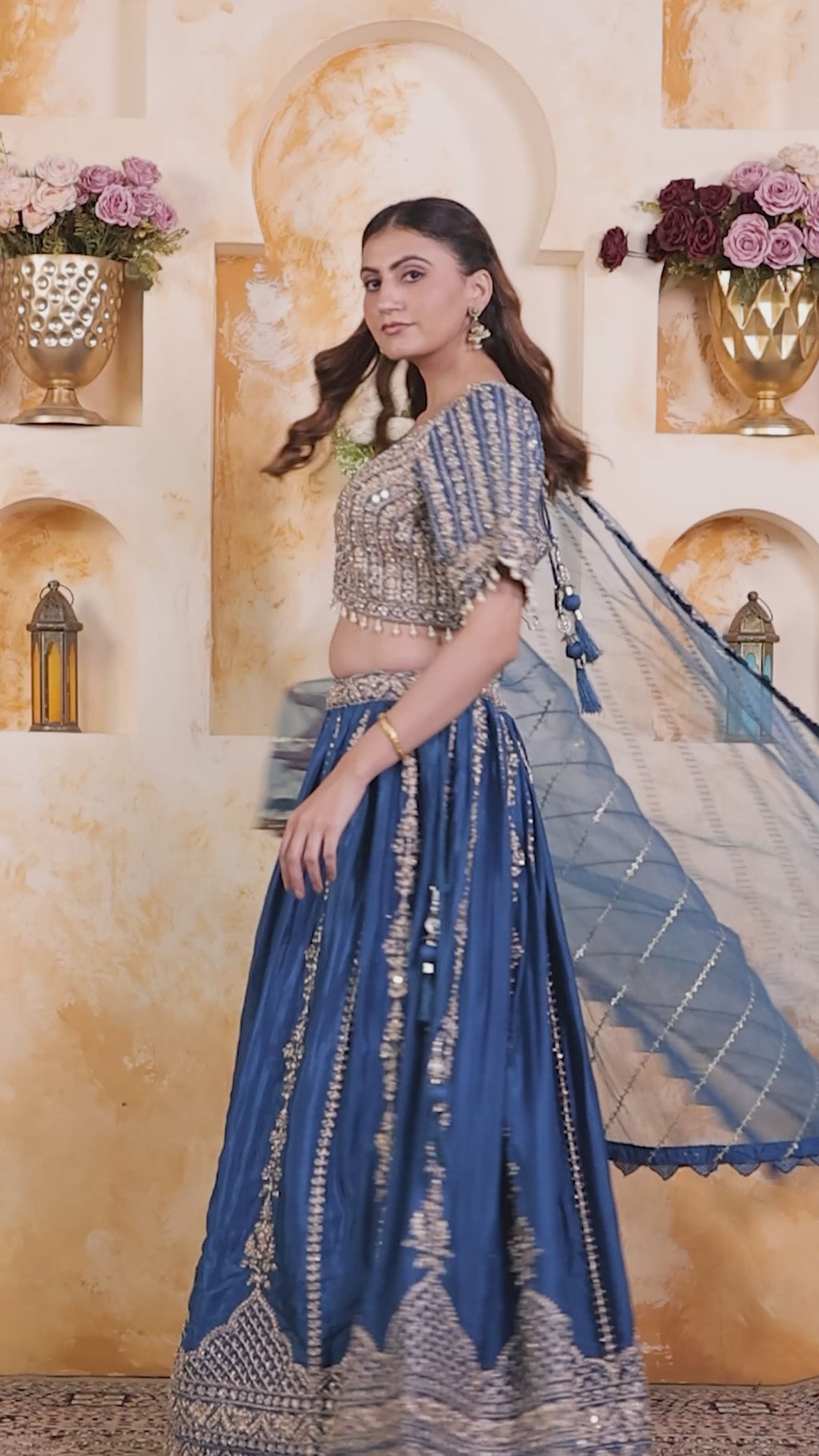 Diesel Blue Chinon Blouse with Heavy Zari & Stone Work, Lehenga & Net Dupatta