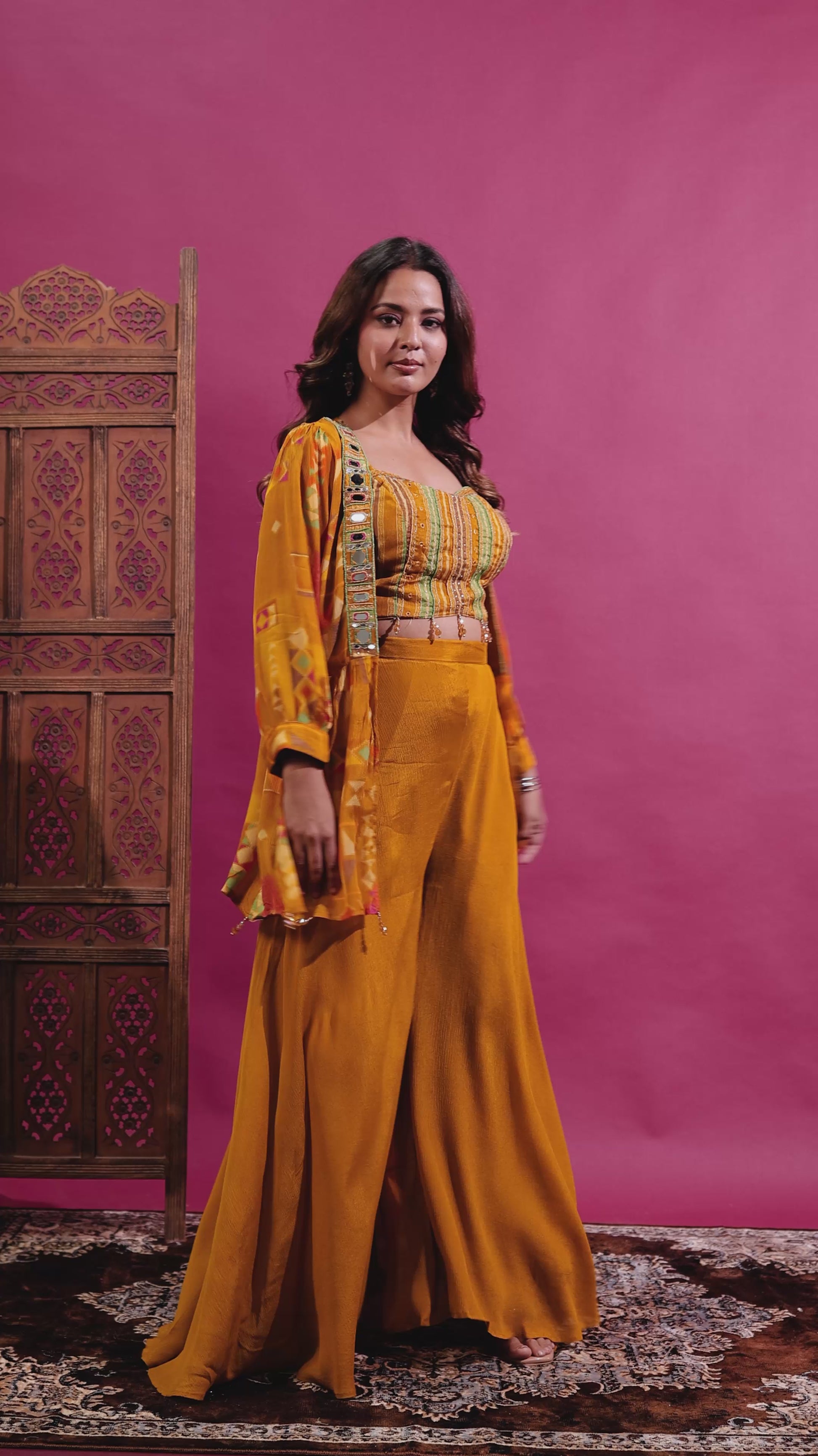 Mustard Yellow Chinon Silk Jacket with Mirror Work Palazzo & Printed Shrug