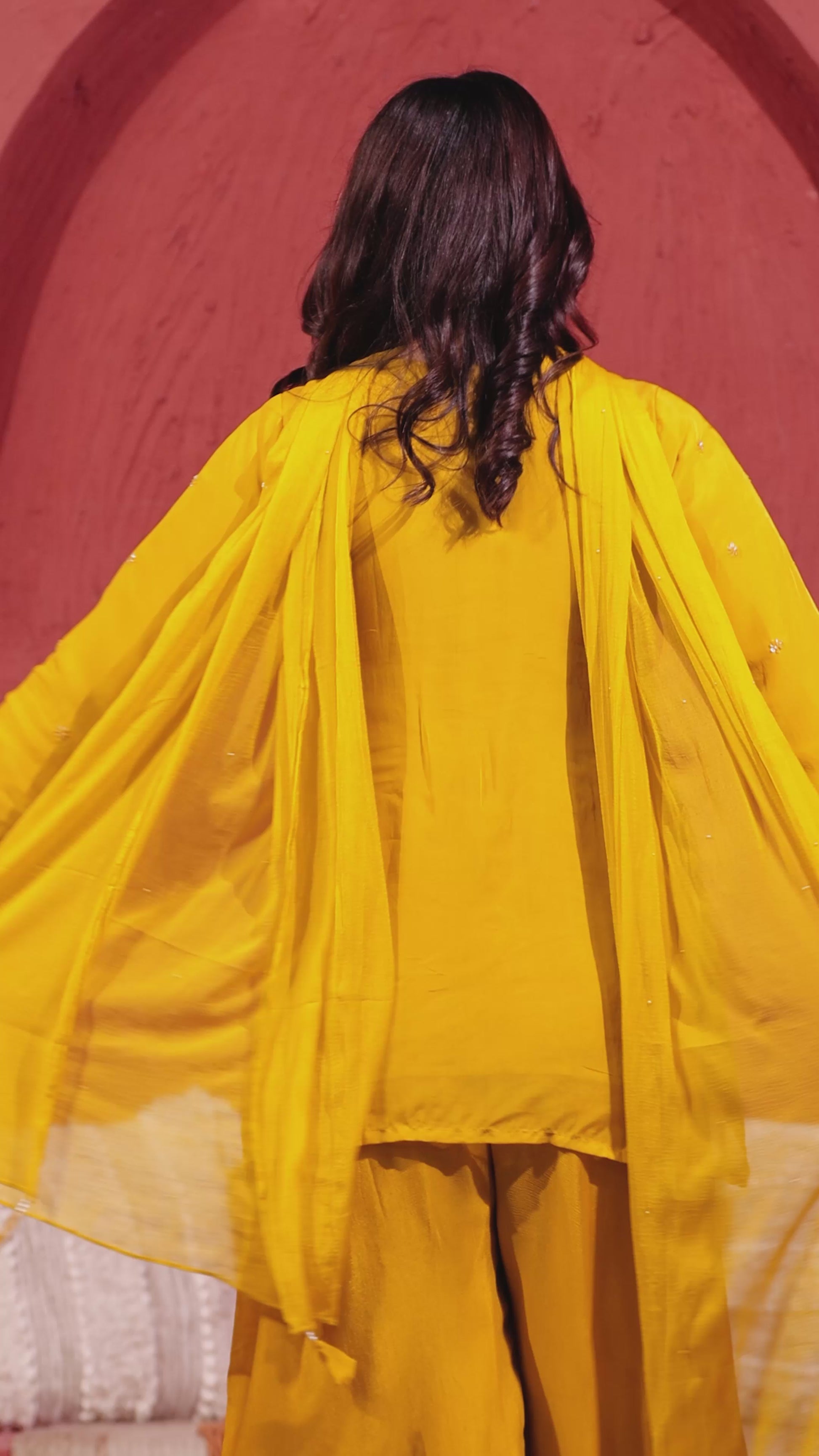 Yellow Pure Organza Top with Sequin Handwork, Sharara & Dupatta