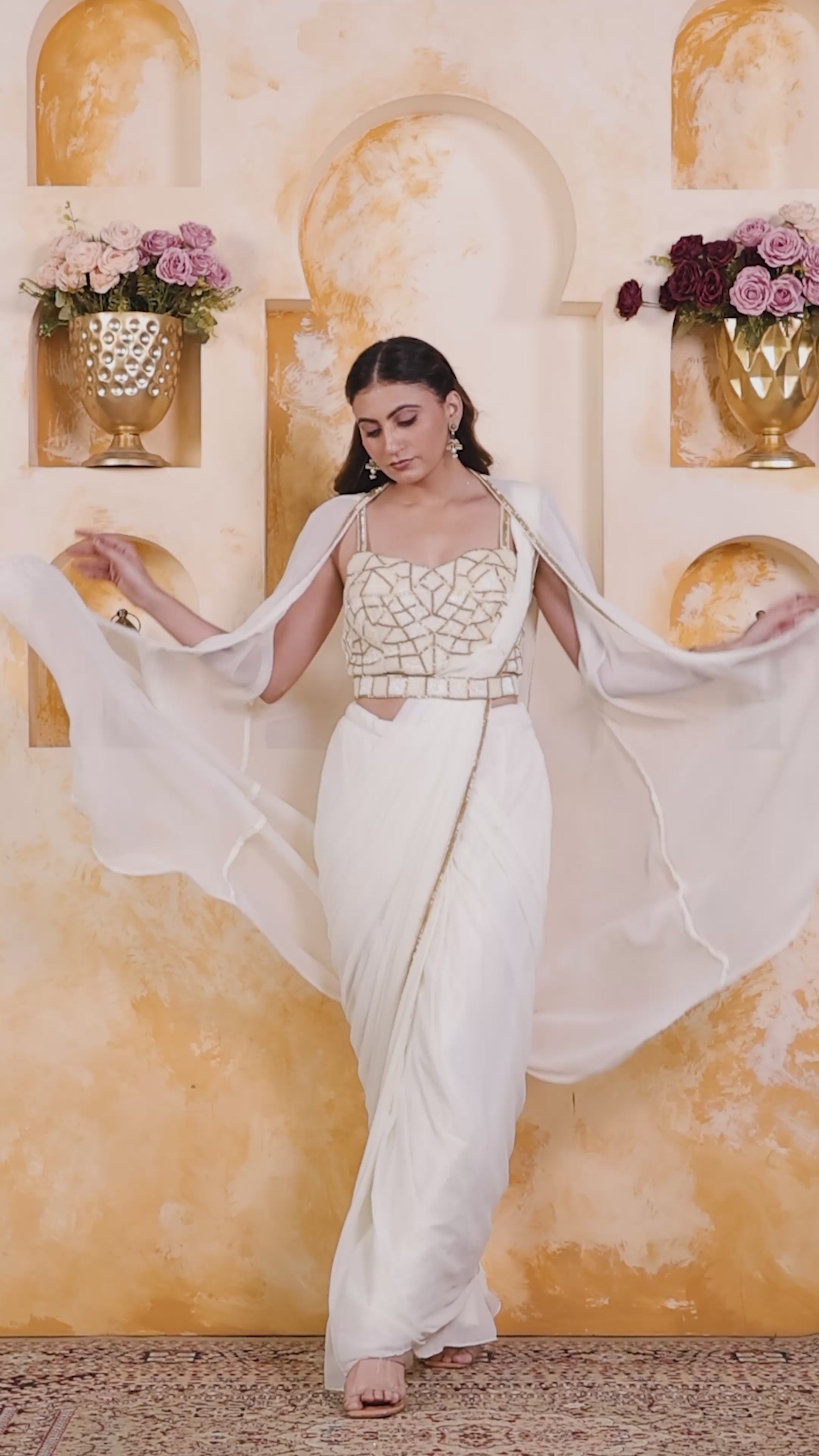 Off White Georgette Drape Saree with Belt, Piping Blouse & Shrug