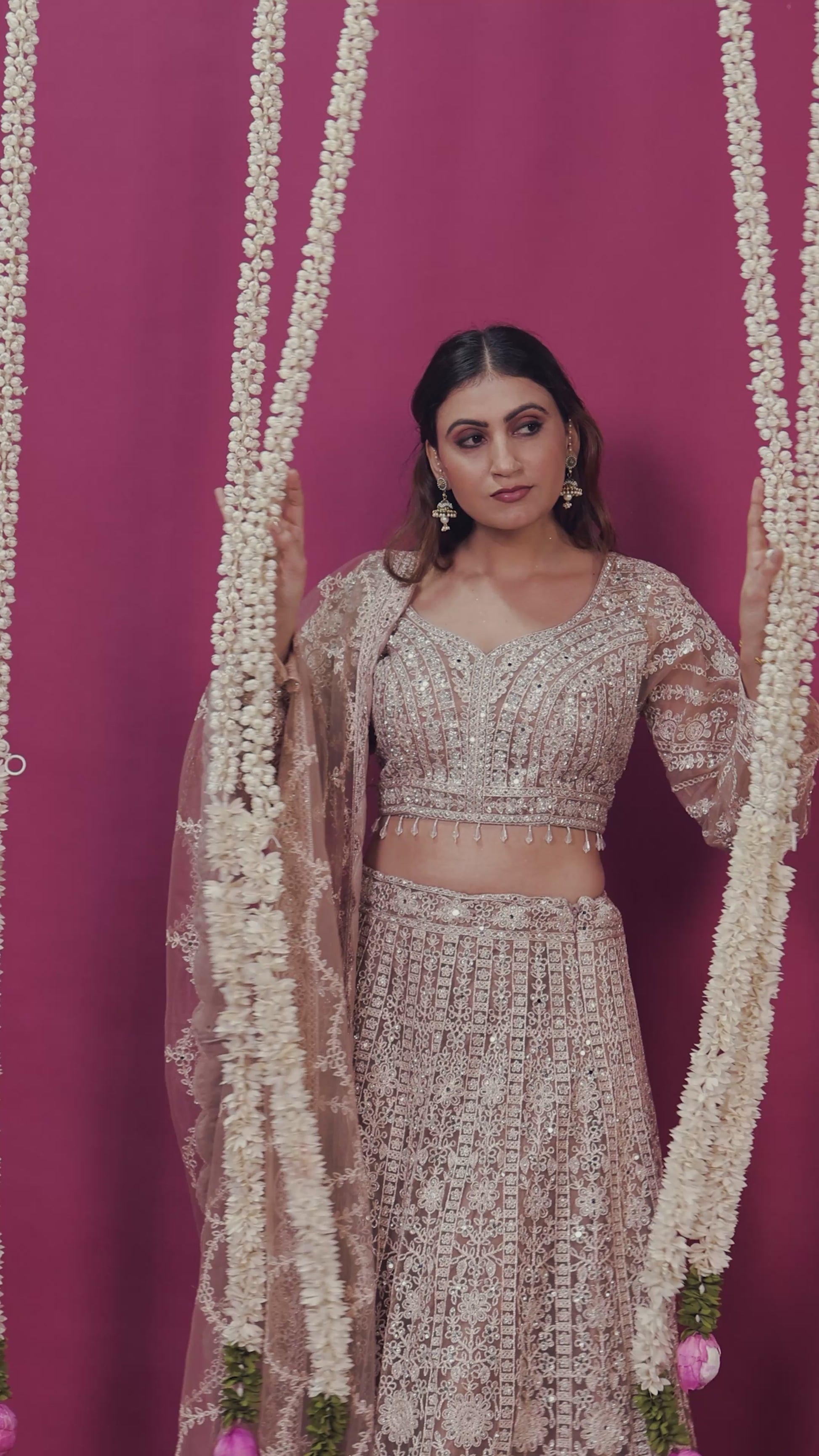 Light Brown Net Blouse with Full Zari, Mirror & Stone Work, Lehenga & Dupatta