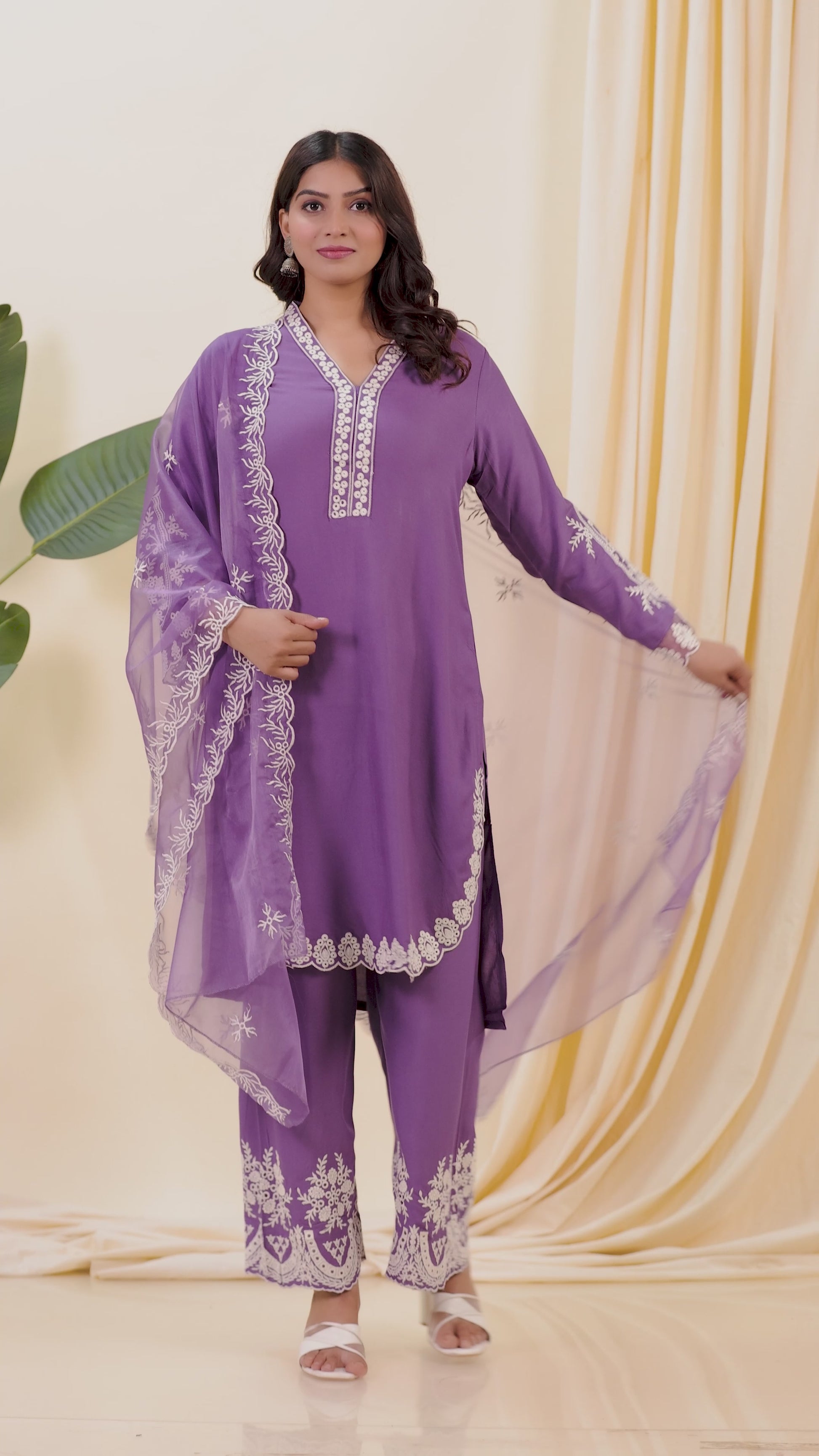 Lavender Rayon Cotton Suit with Thread Work, Palazzo Dupatta
