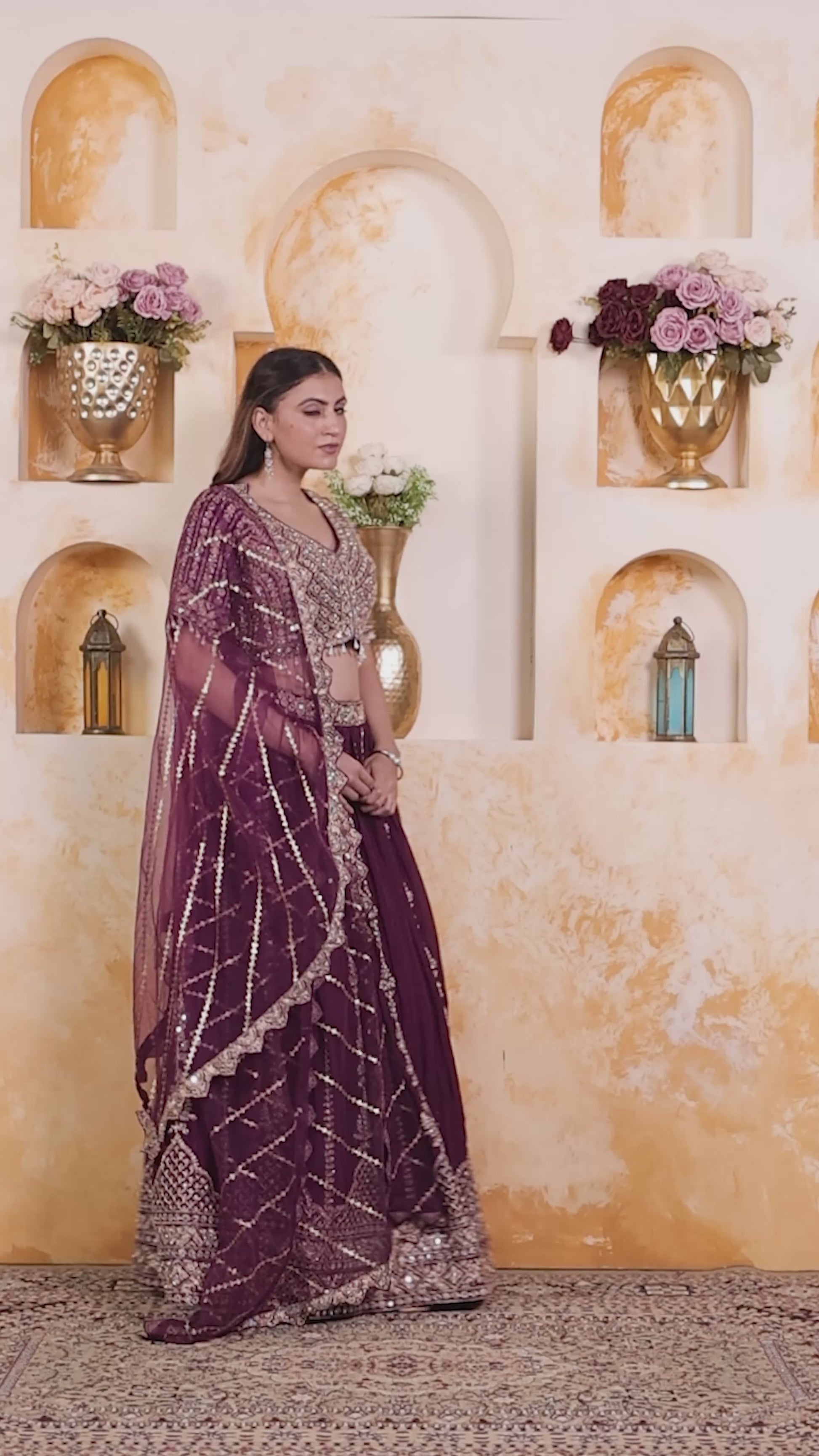 Wine Chinon Lehenga with Heavy Zari work and Matching Blouse with Net Dupatta