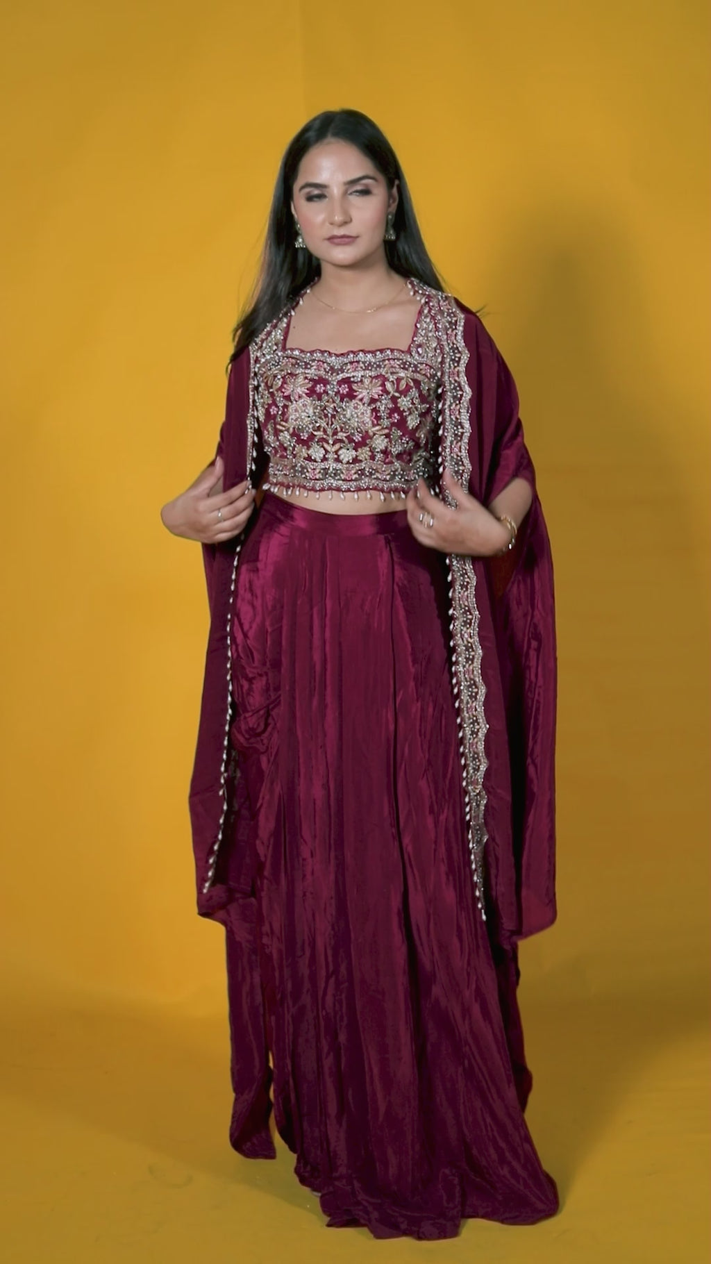 Maroon Crepe Silk Blouse with Zari Handwork, Dhoti & Shrug