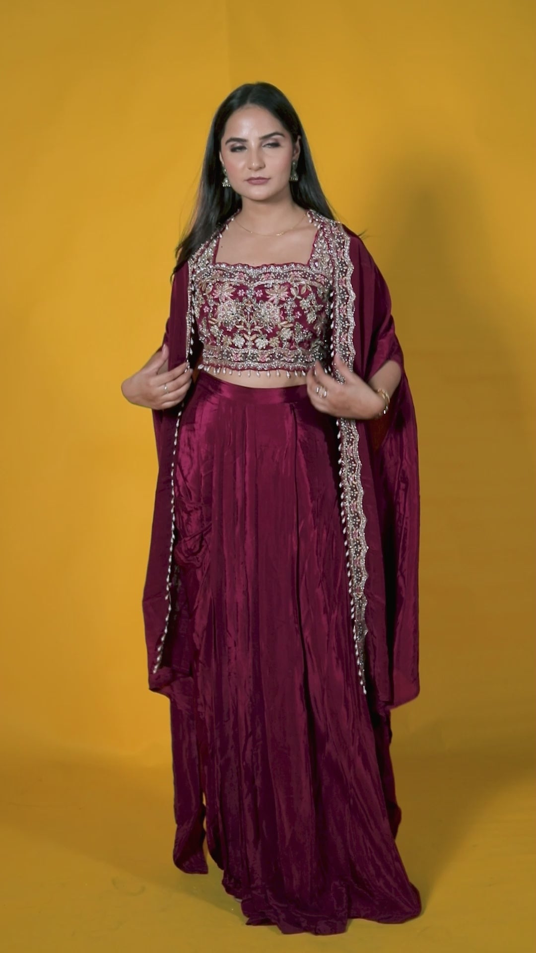 Maroon Crepe Silk Blouse with Zari Handwork, Dhoti & Shrug