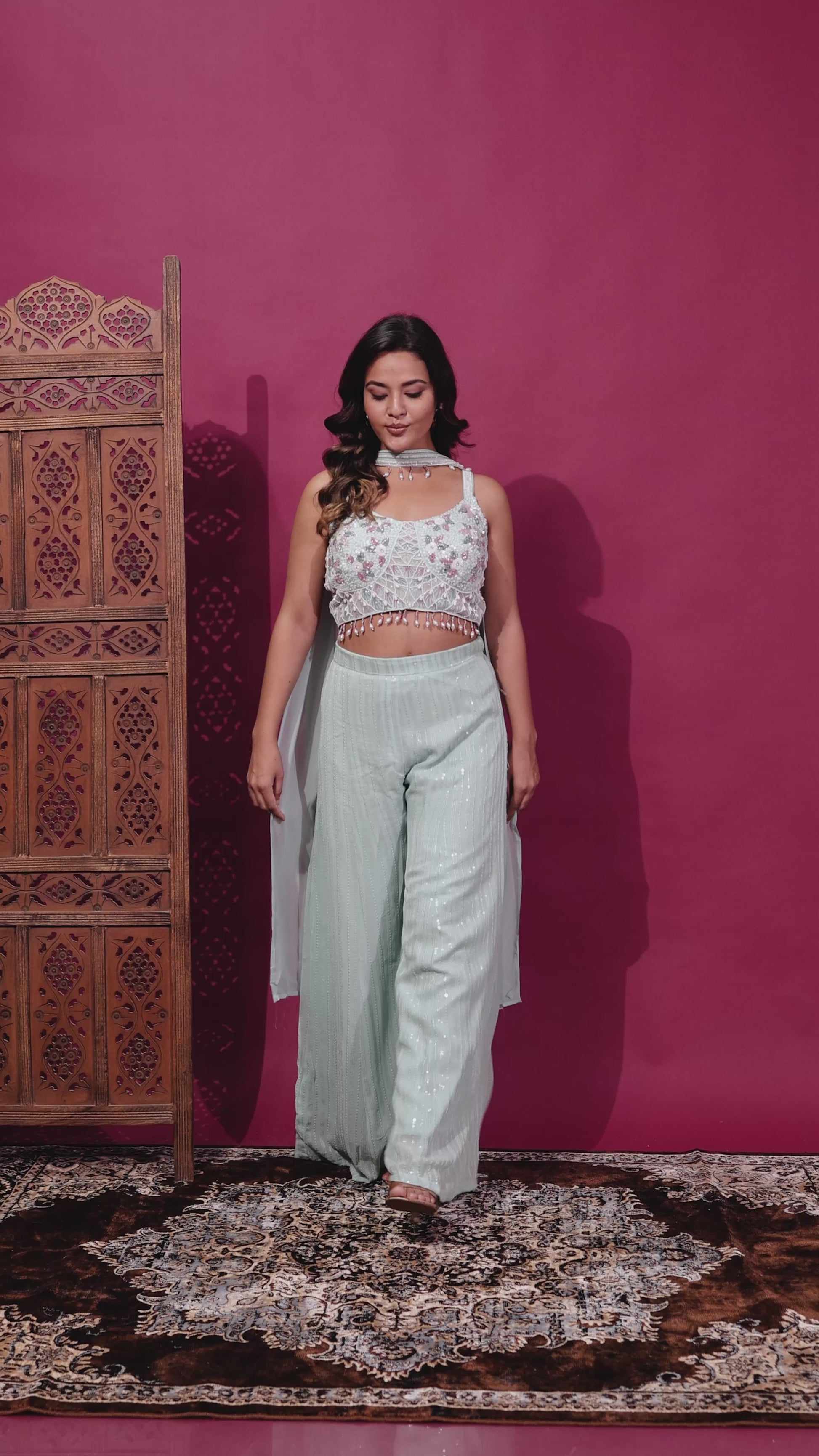 Sea Green Georgette Palazzo Set with Full Sequin Handwork Blouse & Dupatta